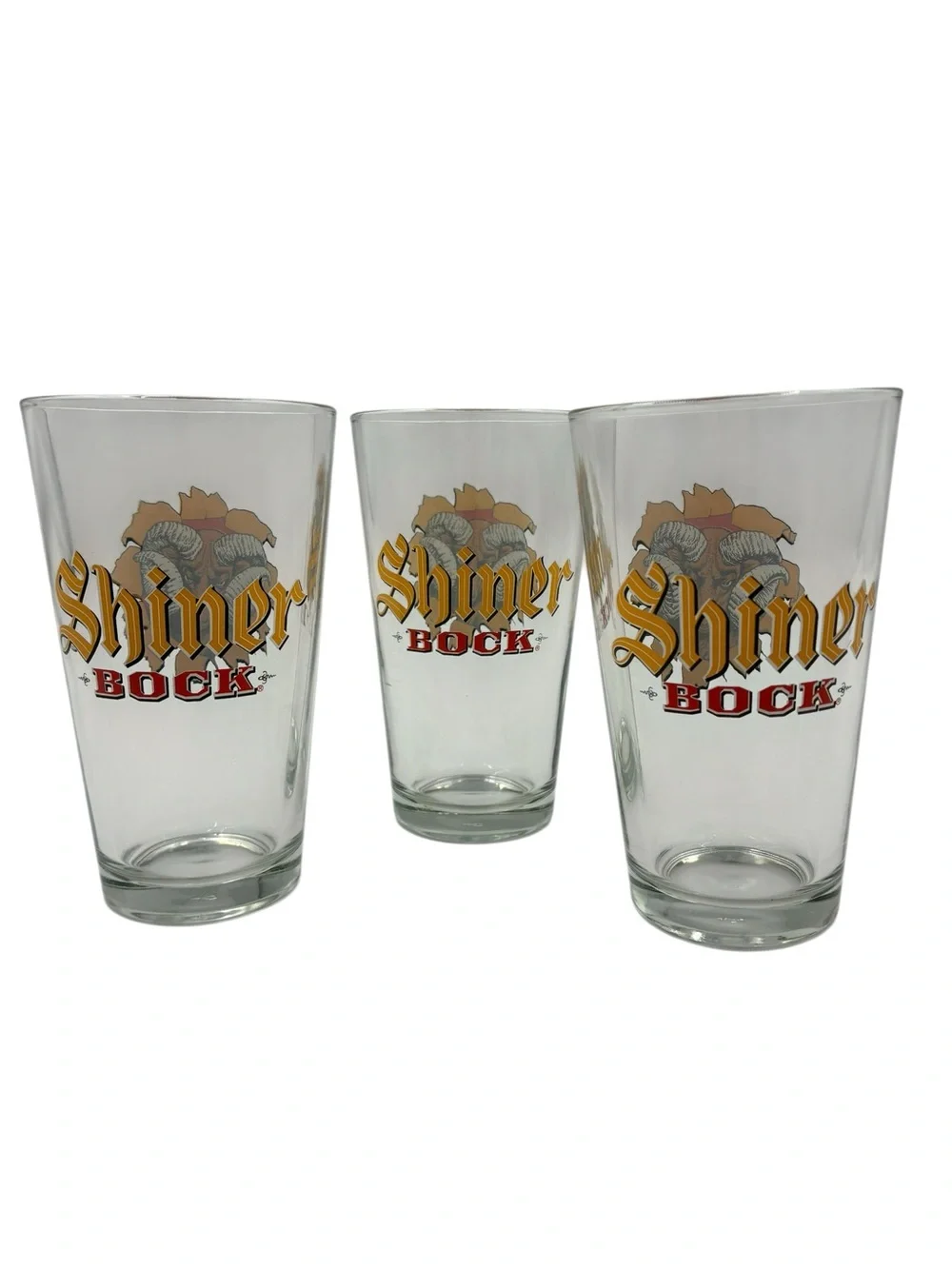 Lot of 3 Vintage Shiner Bock Beer Pint Glasses 16oz - Spoetzl Brewery Ram Logo